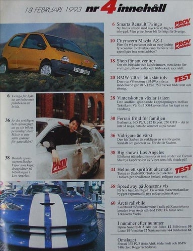 TEKNIKENS VÄRLD 1993/4.Ferrari.Mazda AZ-1.Renault Twingo.Saab 9000.Bilmässa LA