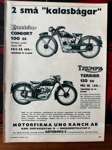 Triumph Terrier 150 cc 1954 annons Excelsior 100 cc