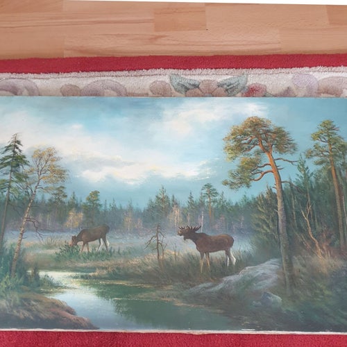 Tavla med älgar i skogslandskap, 75x45 cm
