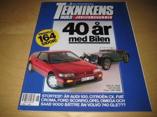 TEKNIKENS VÄRLD NR 6 1988 TEST: VOLVO 740 GLE ,M.FL.