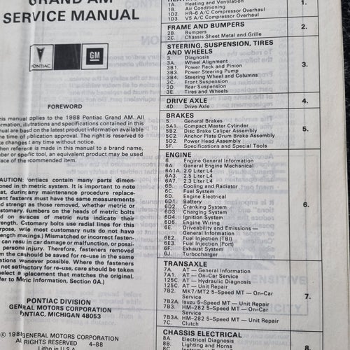 1988 Pontiac Grand Am Service Manual