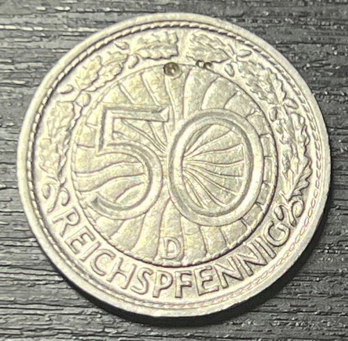 Tysk 50 Reichspfennig från 1928D(5)