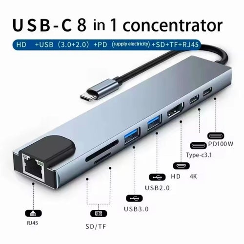 USB-C 8 i 1 Hubb med HDMI, USB, SD/TF, RJ45 och PD