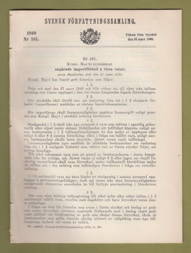 SFS 1940 Nr 161. Importförbud å vissa varor.