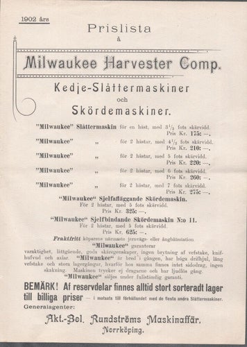 Prislista Milwauke Harvester Kedje-slåttermaskiner 1902