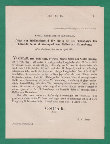 SFS 1893-26 Fridlysningstid älg Halle- och Hunneberg