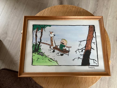 Calvin and Hobbes teckning, vintage 80 tal. F. Jonsson