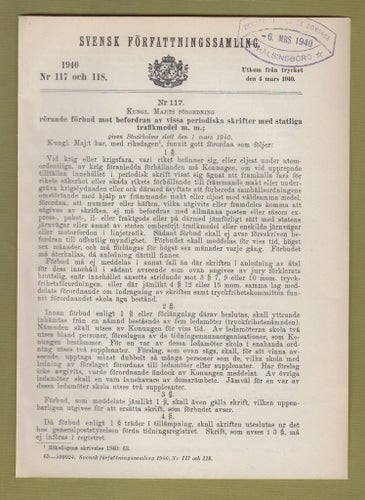 SFS 1940 Nr 117-118. Transportförbud mot vissa skrifter.