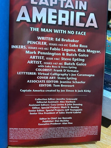 Captain America The Man With No Face Ed Brubaker. Very Fine plus