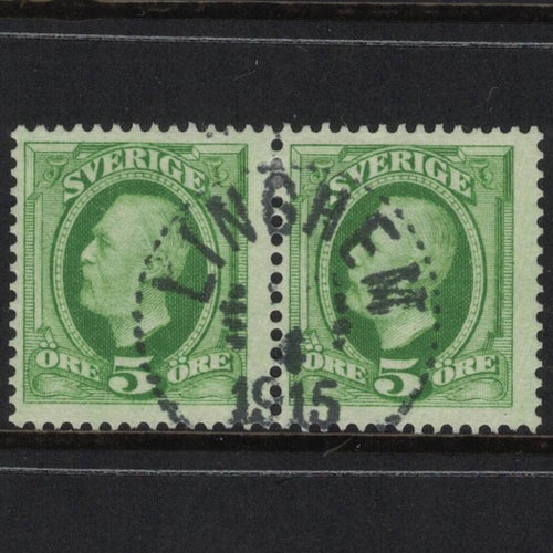 F 52 vm1 Oscar II 5 öre par stämplat LINGHEM 1915. Omvänt vattenmärke