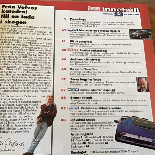 TEKNIKENS VÄRLD NR 13 1995 AUDI 80,BMW 318 TI,JOTA,PORSCHE,LAMBORGHINI,MERCEDES