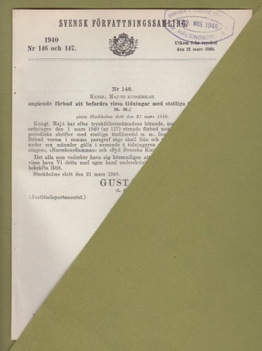 SFS 1940 Nr 146-147. Transportförbud för bl.a. "Ny Dag".
