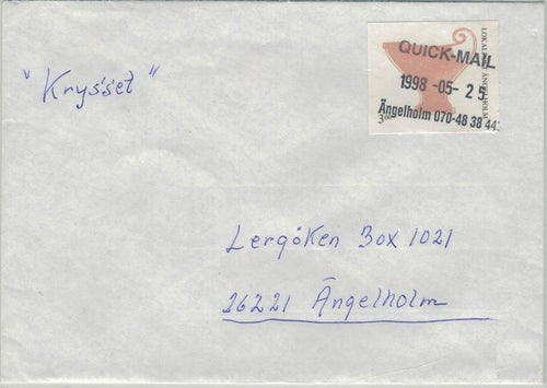 Ängelholm Quick Mail Lokalpost nr 6 på brev 1998