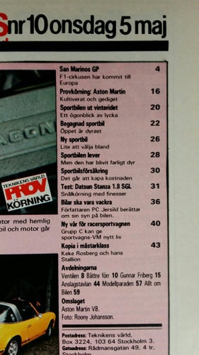 Teknikens Värld nr 10 1982: Aston Martin V8, Datsun Stanza
