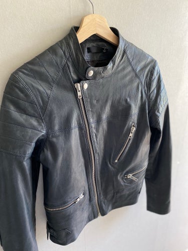 BLK DNM mörkblå äkta läder motorcykel skinnjacka, storlek S