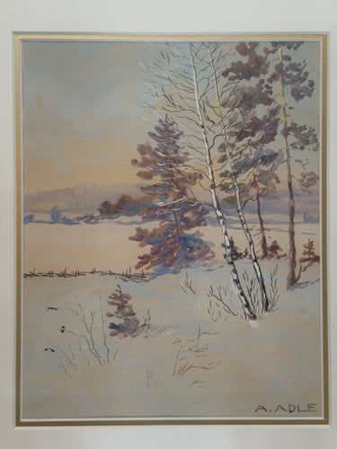 Akvarellmålning A. ADLE Vinterlandskap