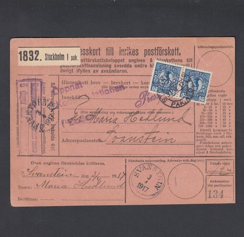 "Öppnat Kontrollstationen i Boden" Pf paket Sth 31.3.1917 t SVANSTEIN "BD/NB".