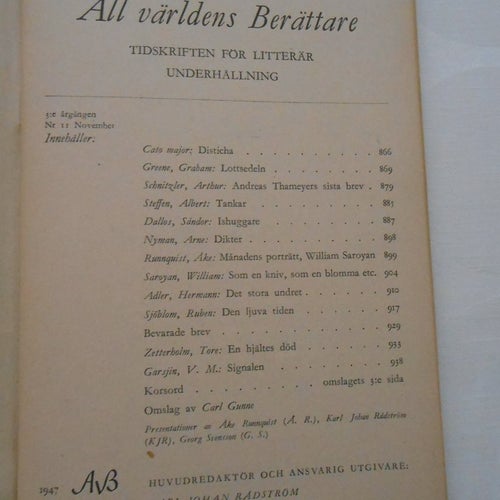 All världens berättare nr 11 1947 William Saroyan Tore Zetterholm
