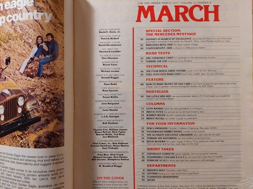 Car and Driver march 1977 Ferrari 308 GTB Jeep Cherokee
