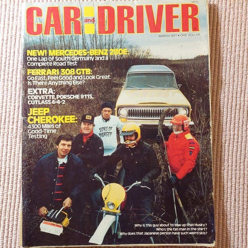 Car and Driver march 1977 Ferrari 308 GTB Jeep Cherokee
