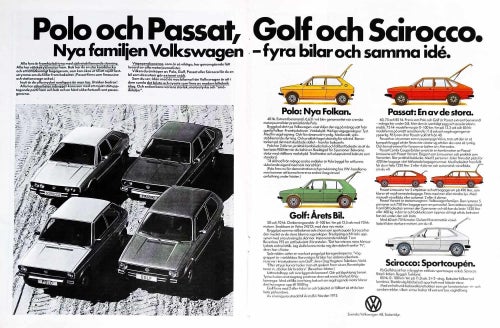 VW - POLO, GOLF, PASSAT, SCORPIO, STOR TIDNINGSANNONS 1975