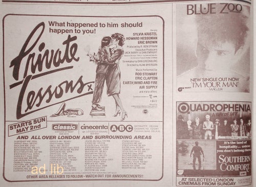 PRIVATE LESSONS, BLUE ZOO, QUADROPHENIA, SOUTHERN COMFORT, TIDNINGSANNONS 1982