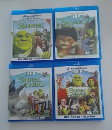 Shrek 1-4 Blu-ray 3D + Blu-ray / Svenskt Tal & Text / Rariteter / Fint Skick
