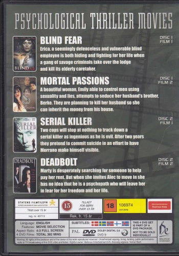 DVD 4i1 / Blind Fear + Serial Killer + Deadbolt + Mortal Passions / Fint skick