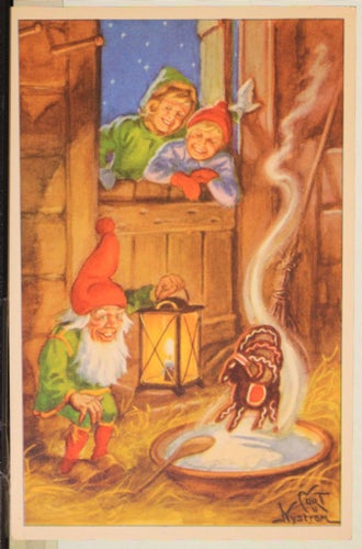 Julkort. Curt Nyström. Tomte bjuds på gröt.