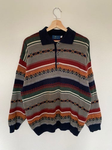 Vintage 1990, one way, flerfärgad ull pikétröja, storlek M/L