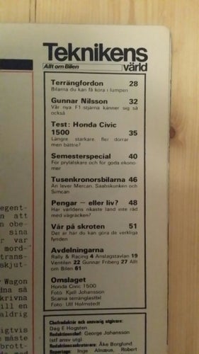 Teknikens Värld nr 11 1976: Honda Civic, Terrängbil 11, 903 Valpen, Volvo 343