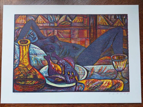 Esteban FEKETE Signerad träsnitt "La Poule", 1975