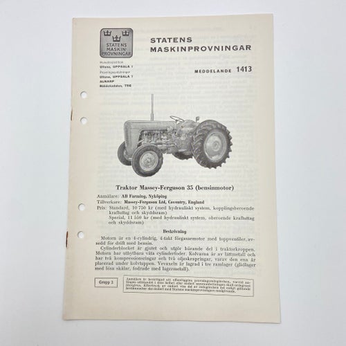 Traktor Massey-Ferguson 35 bensin - Meddelande 1413 - Statens Maskinprovningar