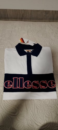 Ellesse vit, marinblå och röd pikétröja, oanvänd, stl M