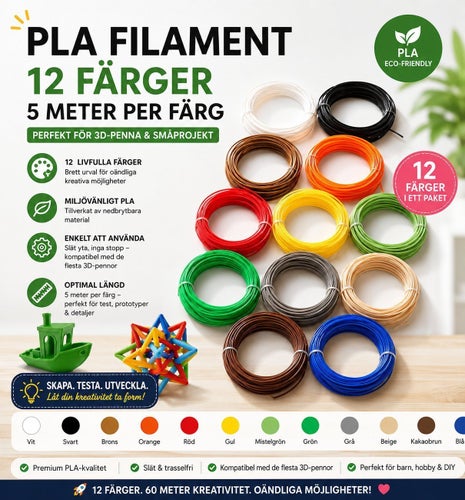 PLA Filament för 3D-penna - 12 färger, 5 meter per färg