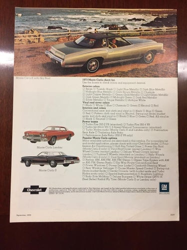 Försäljningsbroschyr Chevrolet Monte Carlo 1973