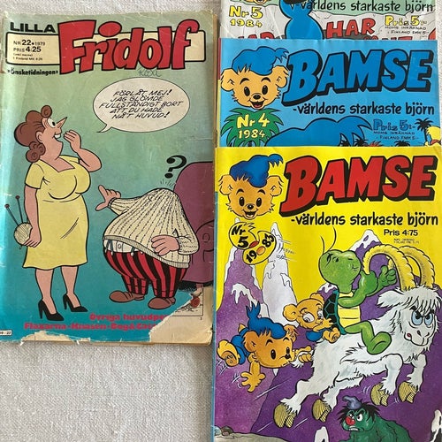 Serietidningar Scooby Doo, Finn och Fiffi, Lilla Fridolf, Bamse