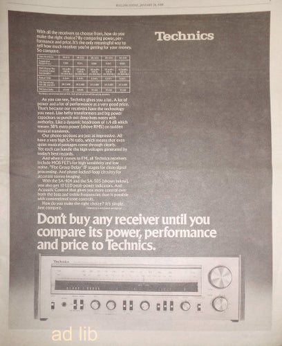 TECHNICS SA-404, SA-505, HI-FI TIDNINGSANNONS 1980