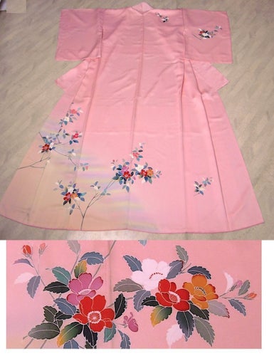 Äkta japansk vintage kimono,siden,silk,mjuk,rosa,kamelia blomma,elegant,hållbar