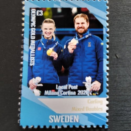 Curling OS guld - syskonen Isabella och Rasmus Wranå frimärke
