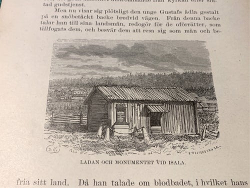 Träsnitt ”Gustav Vasas flyktstuga i Isala” ur bok från 1901