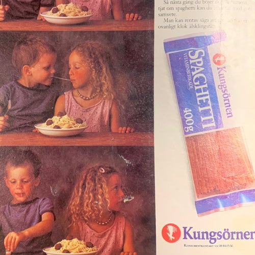 Retro-annons ”Kungsörnen spaghetti – Den kloka älsklingsrätten” från 1985
