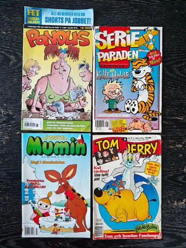 Serietidningar: PONDUS, SERIEPARADEN, MUMINTROLLEN, TOM & JERRY