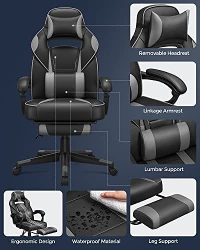 Songmics Gaming Stol, Skrivbordsstol med fotstöd, kontorsstol svart + OBG073B03