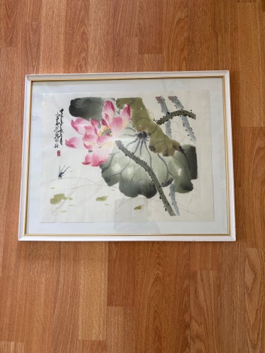 Kinesisk tavla tryck… kalligrafi och lotusblomma ,vackert inramad i glas,
