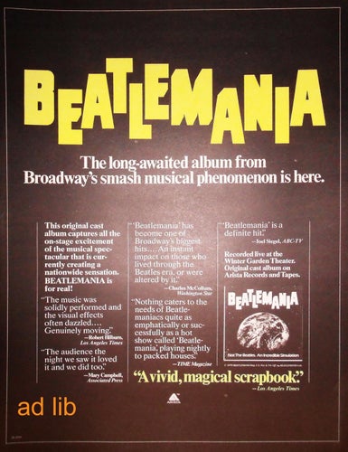 BEATLEMANIA BROADWAY'S SMASH MUSICAL, TIDNINGSANNONS 1977