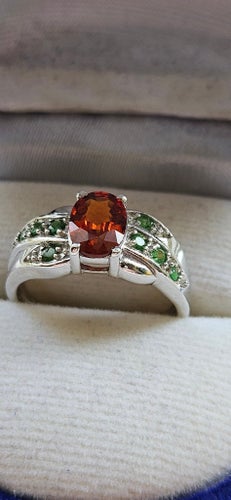 Silverring 925 Med Naturlig spessartit Granat Smaragder