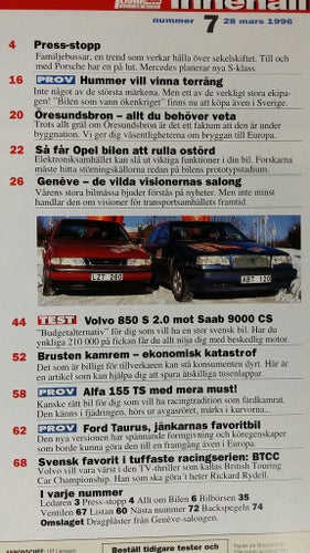 Teknikens Värld 7 1996: Volvo 850 S 2,0, Saab 9000 CS 2,0i, Ford Taurus