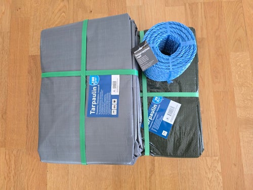 2 st Presenning 75g 300x500 cm Grön, 180g 300x500 cm Grå och Polypropylenrep 30m
