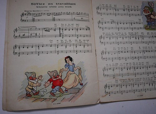 Walt Disney Blanche-Neige , Paris 1937 . Häfte med musiknoter till Snövit